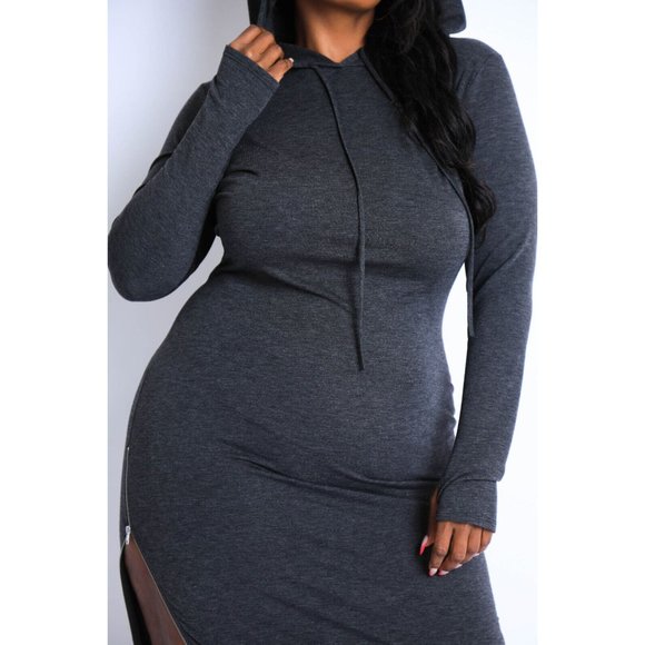 Women's Comfy Terry Hooded Maxi Dress With Side Slit Zipper Plus Size Curve - Picture 2 of 12